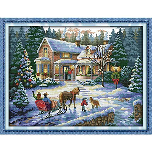 Joyautum DIY Handmade Counted Cross Stitch Needlework Set Embroidery Kit Return from Christmas Scenery Home Decoration 14CT Cross-Stitch 14ct Blank Fabric