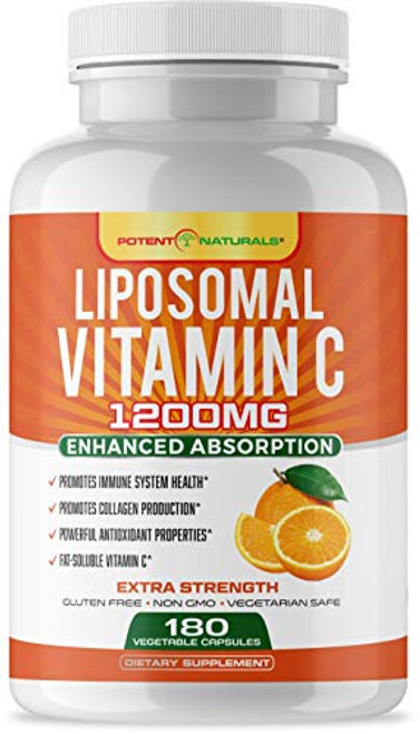 Liposomal Vitamin C 1200mg 180 Capsules by POTENT NATURALS - High Absorption Fat Soluble Vitamin C Collagen Booster Antioxidant Immune Support Anti Aging Skin Supplement Lypo Spheric Non GMO Liposomal Vitamin C 1200mg 180 Capsules by POTENT NATURALS - High Absorption Fat Soluble Vitamin C Collagen Booster Antioxidant Immune Support Anti Aging Skin Supplement Lypo Spheric Non GMO