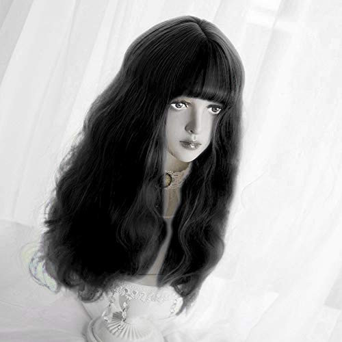 Long Wavy Wig Bangs - Natural Synthetic Hair Lolita Wig with Wig Cap For Women Cosplay and Daily Wear Black