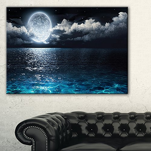 Design Art PT9653-20-12 Romantic Full Moon Over Sea Seascape Photo Canvas Print,Blue,20x12"