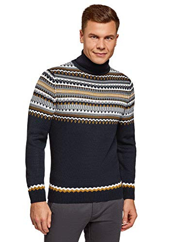 oodji Ultra Men s High Collar Jacquard Pullover  Blue  US 36-38 - EU 46-48 - S