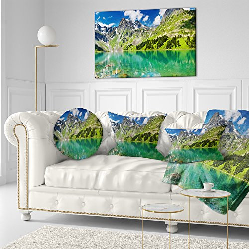 Designart PT6735-40-20 "Bright Day Mountain Lake Photography" Canvas Art Print, Green, 40x20"