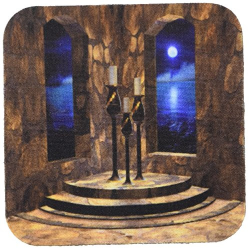 3dRose cst116602 A Medieval Castle interior with Stone Walls  Arched Windows and a View of The Moonlit Sea Beyond Soft Coasters  Set of 8