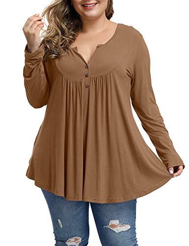 Allegrace Women s Plus Size Tunics Button Up Henley V Neck Tops Pleated Long Sleeve Tunic Shirts Coffee 24W