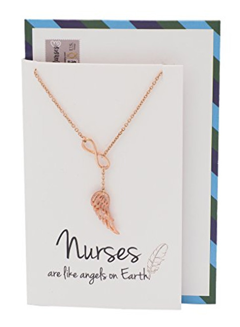 Quan Jewelry Nurse Necklace  Infinity Angel Wing Pendant Charm  Gift for Nurses  Rose Gold Tone