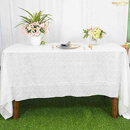 ShinyBeauty 60inx102in Sequin Tablecloth-Rectanglar-White-for Wedding-Christmas Party Linen White 