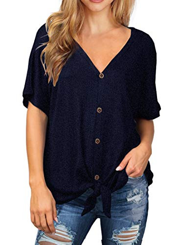 IWOLLENCE Womens Waffle Knit Tunic Blouse Tie Knot Short Sleeve Henley Tops Loose Fitting Bat Wing Shirts Navy Blue Medium