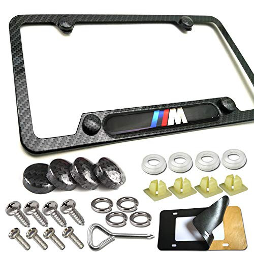 Carbon Fiber License Plate Frame-1Pack Black Aluminum License Plate Frames for BMW Metal Printing Carbon Fiber Pattern  3D M Logo for BMW License Tag Frame with Stainless Steel Plate Screws   Caps Set