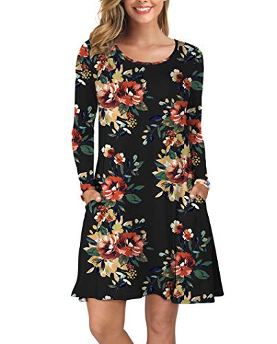 KORSIS Women Long Sleeve Tops T-Shirt Dress Round Neck Casual Loose Dress Brown Flower Black 2XL