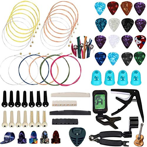 66 Pcs Guitar Accessories Kit Including Acoustic Guitar Strings Guitar Picks Guitar Feet Capo Tuner String Cutter String Winder Bone Bridge Thumb Paddles Guitar Silicone Finger Guards