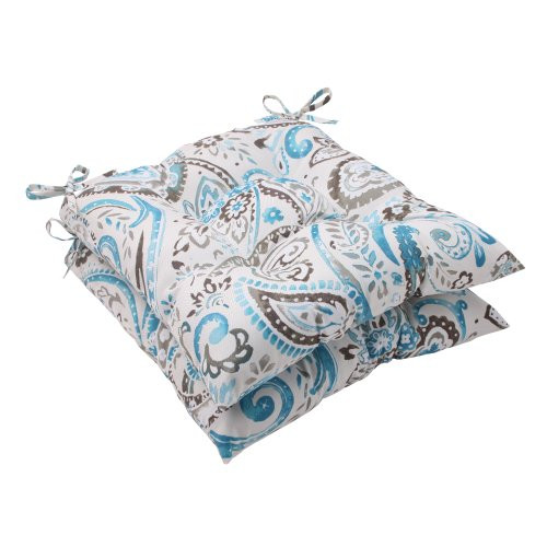 Pillow Perfect Outdoor Paisley Tufted Seat Cushion, Tidepool, Set of 2
