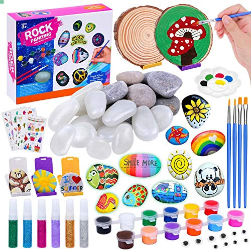 shynek Hide and Seek Rock Painting Kit for Kids  60 PCS Kids Rock Painting Crafts Kit with Glow Stones  Round Woods  Rock Holders  Glitter Glues and Painting Set  Creativity for Kids Age 4-12