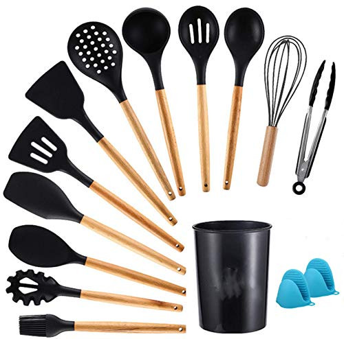 Silicone Cooking Utensil Set Kitchen Utensils 15 Pcs Cooking Utensils Set Non Stick Heat Resistant Silicone?Cookware with Wood Handle Black