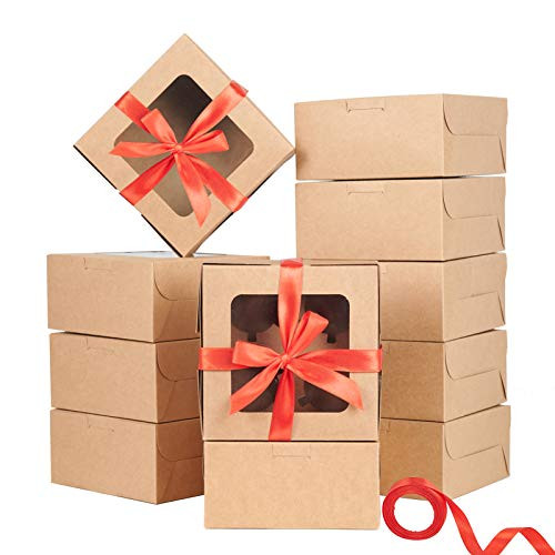 Bakery Boxes 30 PCS  6x6x3 inches Brown Kraft Cupcake Boxes  Cake Boxes with Window and Cake Board  Thick and Sturdy Cookie Boxes for Pastry  Cupcake  Cookie  Brownies  Macarons  Donuts