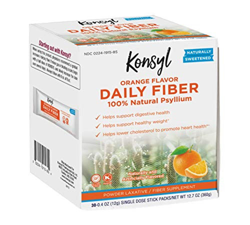 Konsyl Daily Fiber Orange 100  Natural Psyllium Husk Powder - Naturally Sweetened - Gluten Free - 30 Individual Stickpacks