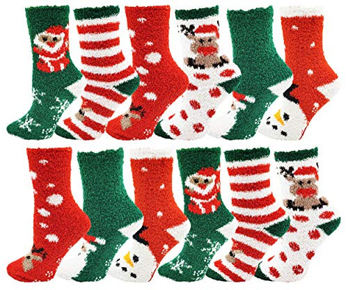 Women s Christmas Socks  12 Pairs  Holiday Xmas  Novelty Colorful Patterns 12 Pairs Fuzzy Socks w- Gripper Bottoms  2
