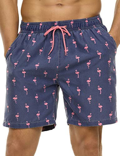 Nonwe Men s Surf Shorts Flamingo Print Relaxed Fit Soft Washed Drawstring Beach Trunk Blue 30