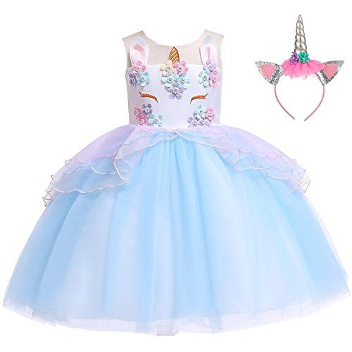 BanKids Unicorn Dress For Girls Costume Pageant Princess Party Dress with Unicorn Headband For Girls 4T 5T 120CM Blue