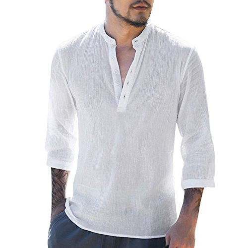 Mens Long Sleeve Henley Shirt Cotton Linen Beach Yoga Loose Fit Henleys Tops XXX-Large  White