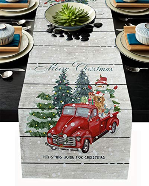 Christmas Table Runner  13 x 90 inch Christmas Vintage Red Truck Tree Holiday Rustic Wooden Board Table Runners Cotton Linen Kitchen Table Runner for Family Dinner Parties  Christmas   Gathering