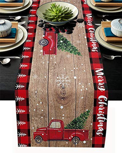 Merry Christmas Snowflakes Table Runner for Farmhouse Holiday Parties  Burlap Table Runner Dresser Scarves Red Truck Pull Xmas Tree on Retro Wooden Board Dining Table Decor  13 x 90 Inch