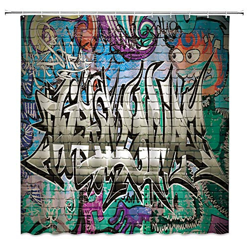 Colorful Graffiti Shower Curtain Abstract Art Home Creative Messy Rustic Street Graffiti on Wall Urban Street Spray Hip Hop Fabric Bathroom Decor Curtain with 12 Hooks?71x71 Inch?Blue Tan Teal