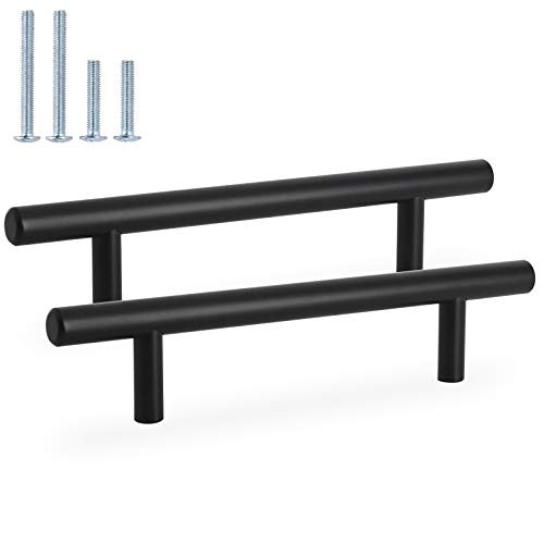 GOBEKOR 10 Pack Matte Black Solid Cabinet Pulls 3-3-4in Hole Center Euro T Bar Kitchen Cabinet Handles  Stainless Steel Dresser Drawer Pulls