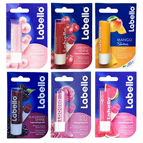 Lip Balm Bundle containing 6 Different Labello Lip Balms - Pearly Shine  Cherry Shine  Mango  BlackBerry Shine  Soft Rose  Watermelon Shine