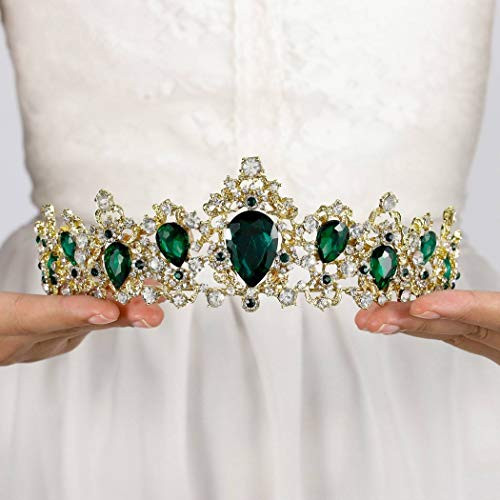 Wedding Crown Baroque Rhinestone Tiara Baroque Crown Bridal Green Crystal Tiara Diadem Cosplay Vintage Queen Crown Headpiece for Women and Girls