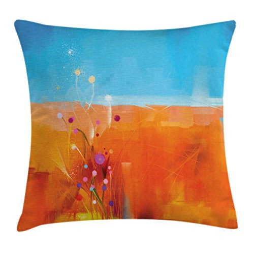 Ambesonne Flower Throw Pillow Cushion Cover  Abstract Meadows Under Blue Sky Nature Themed Artwork Beauty Floral Illustration  Decorative Square Accent Pillow Case  20  X 20   Orange Purple