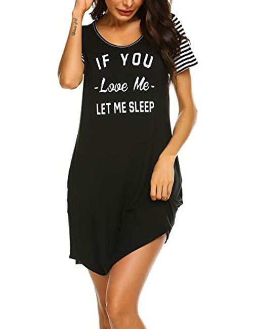 Ekouaer Sleepwear Womens O Neck Nightshirt Cotton Casual Sleepwear Short Sleeve Nightdress Black L