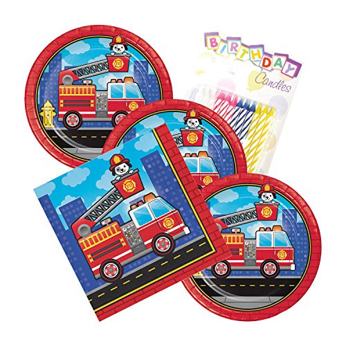 Flaming Fire Truck Theme Plates and Napkins Serves 16 With Birthday Candles