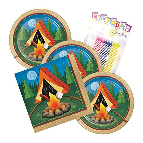 Camp Out Camping Theme Plates and Napkins Serves 16 With Birthday Candles