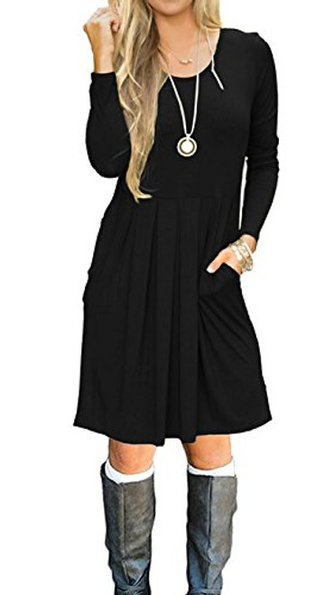 LILBETTER Women s Long Sleeve Pleated Loose Swing Casual Dress with Pockets Knee Length Black X-Large