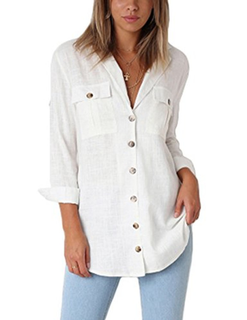 GRAPENT Women s Casual Loose Roll-up Sleeve Blouse Pocket Button Down Shirts Tops S?US 4-6? White