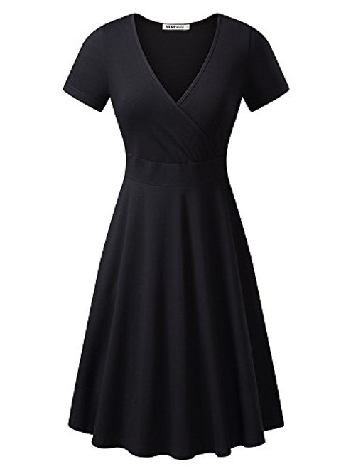 MSBASIC Women s Deep V Neck Short Sleeve Unique Cross Wrap Casual Flared Midi Dress  Small  Black
