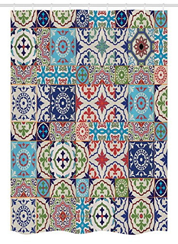 Ambesonne Moroccan Stall Shower Curtain, Patchwork Pattern from Colorful Moroccan Tiles Traditional Illustration, Fabric Bathroom Decor Set with Hooks, 54 W x 78 L Inches, Navy Blue Dark Orange