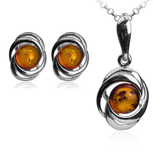 Sterling Silver Amber Round Stud Earrings and Chain Pendant Necklace Jewelry Set 18 Inches Sterling Silver Amber Round Stud Earrings and Chain Pendant Necklace Jewelry Set 18 Inches