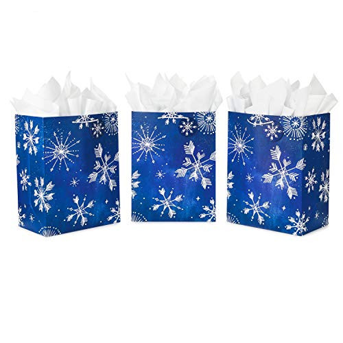 Hallmark 17  Extra Large Holiday Gift Bags with Tissue Paper 3 Gift Bags  Starry Snowflakes on Navy Blue for Christmas  Hanukkah  Weddings  Birthdays