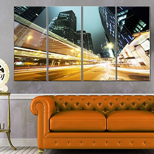 Designart Traffic in Hong Kong at Night - Cityscape Glossy Metal Wall Art 28'' H x 48'' W x 1'' D 4P Blue Designart Traffic in Hong Kong at Night - Cityscape Glossy Metal Wall Art 28'' H x 48'' W x 1'' D 4P Blue