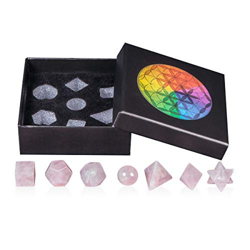 Nupuyai Pack of 7 Natural Rose Quartz Healing Platonic Solids Crystal Set with Merkaba Star Geometry Energy Stone Kit for Reiki Meditation Home Decor