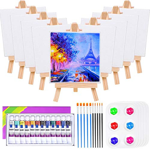 Mini Canvas and Easel  Audab Mini Canvas Painting Kit with 4x4 inch Canvas Panel  Mini Easel  Acrylic Paint  Paint Brushes Set and Paint Trays for Kids and Adult Art Painting Party Supplies