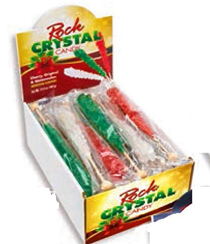 Rock Candy Crystal Sticks - Christmas Colors Assortment  Red-Cherry  Green-Watermelon and White-Original - 24 Count Box