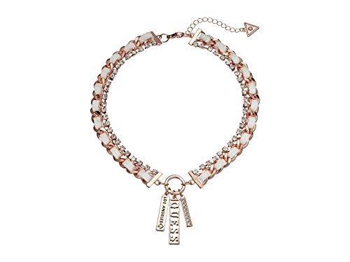 Guess Woven Chain Collar with Logo Tag Charms Necklace Rose Gold One Size