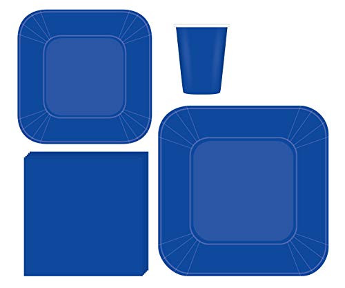 Serves 50   Complete Party Pack   Blue Square Plates   9  Dinner Square Paper Plates   7  Dessert Square Paper Plates   9 oz Cups   3 Ply Napkins   Baby Shower  office parties  birthday parties  festivals  Blue Party Theme
