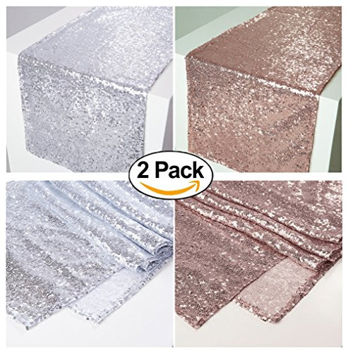 Zdada Silver New Year's Day Party Table Runner,Rose Gold 12"x72" Sequin Candy Table Runner-2 Packs