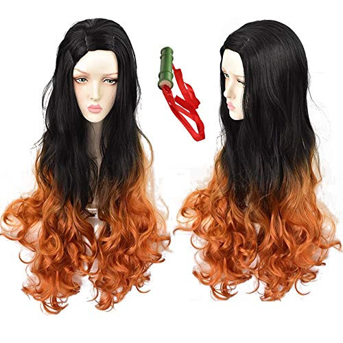 Ombre Nezuko Kamado Cosplay Wig with Bamboo and Cap for Demon Slayer Kimetsu no Yaiba Role Play