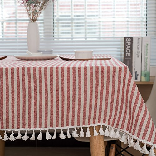 ColorBird Stripe Tassel Tablecloth Cotton Linen Dust-Proof Table Cover for Kitchen Dinning Tabletop Decoration Rectangle-Oblong  55 x 86Inch  Red