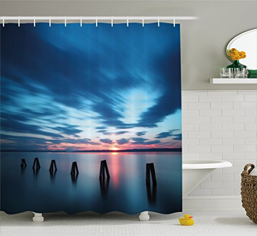 Ambesonne Ocean Shower Curtain by, Calm Seascape At Sunset in Vietnam Motion Effected Clouds Twilight Scenery, Fabric Bathroom Decor Set with Hooks, 75 Inches Long, Dark Blue Blue Coral