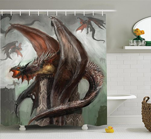 Ambesonne Fantasy World Decor Collection, Dragons in Battle at War Fire-Spewing Reptilian Serpent Beast Animal Monster Theme, Polyester Fabric Bathroom Shower Curtain Set, 75 Inches Long, Brown Blue